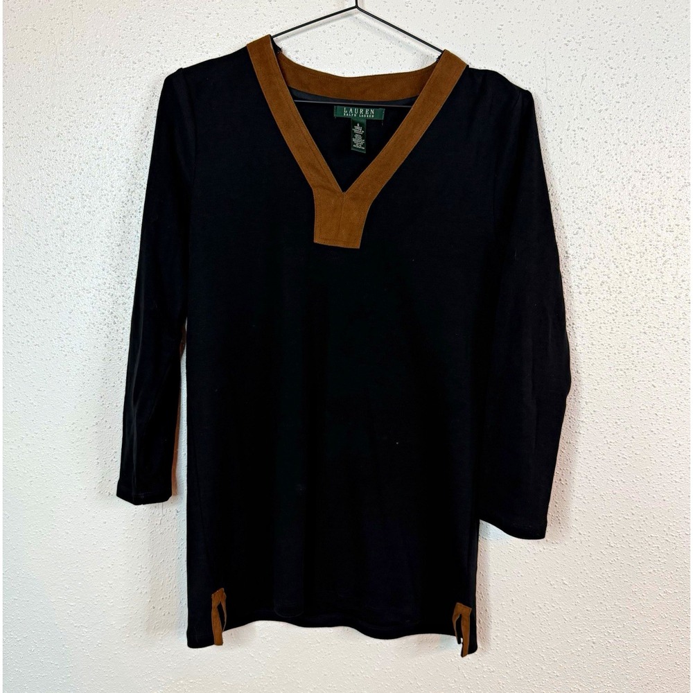 Lauren Ralph Lauren Women's Knit V-Neck 3/4 Sleeve Top Brown Trim S Cotton